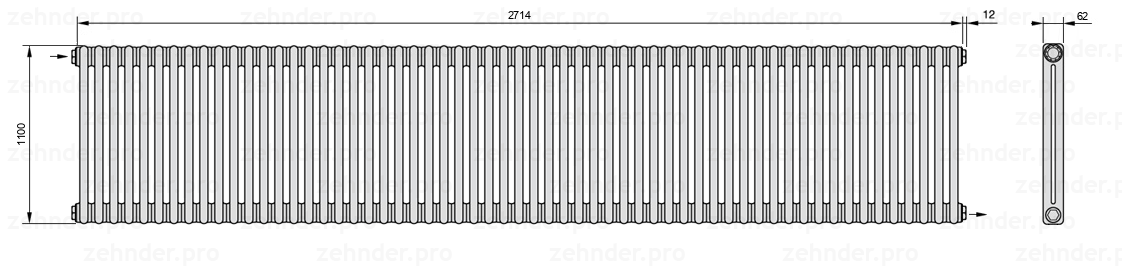 Схема (чертеж) Радиатор Zehnder Charleston 2110/59 №1670 Белый глянцевый RAL 9016